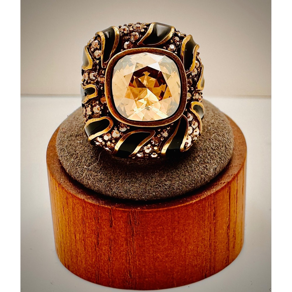 Heidi Daus Retired Champagne Crystal Black Enamel Statement Ring Bronze-tone S 6